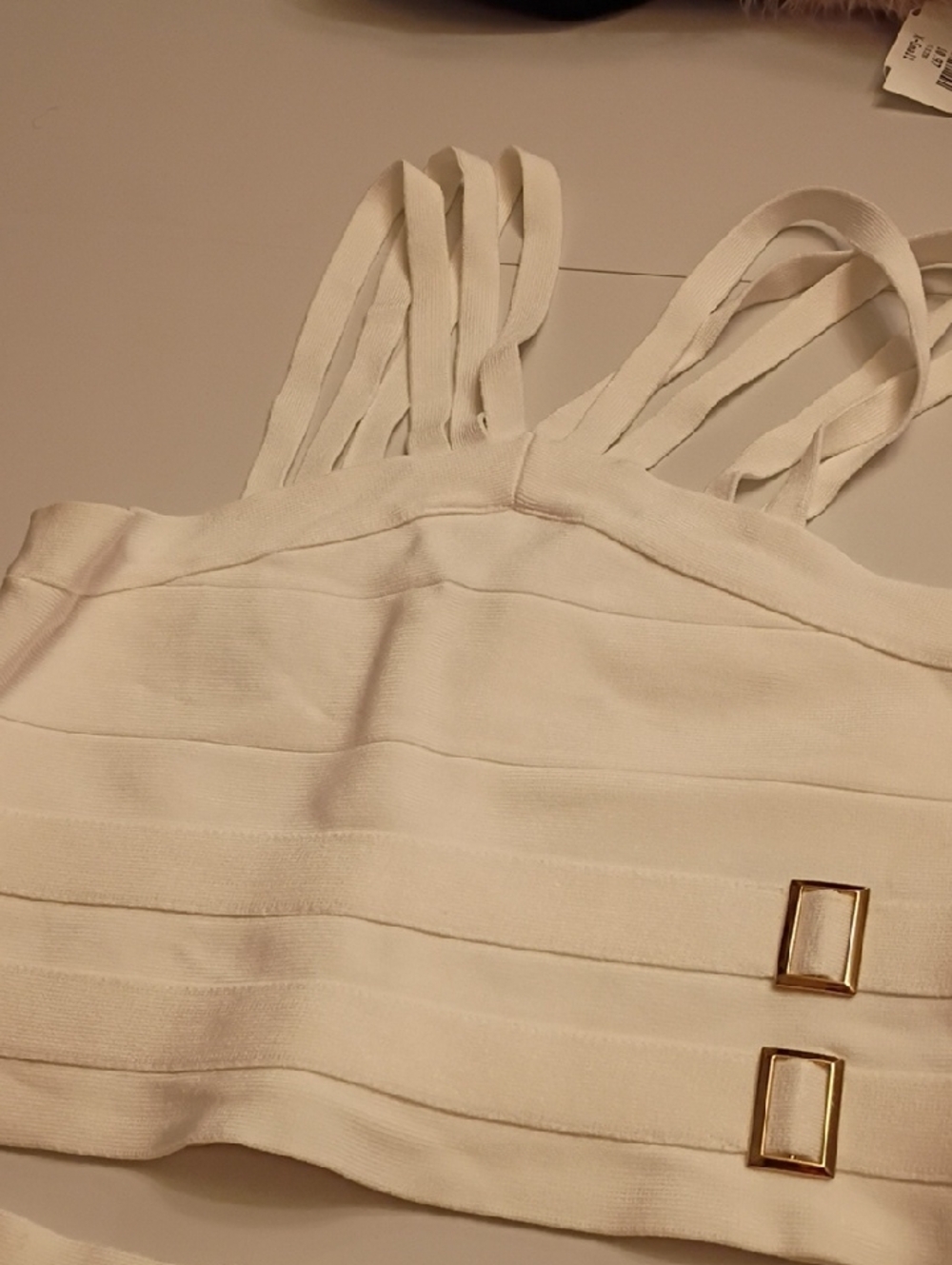 bebe White Bandage Mini Skirt  And Tank with Gold Buckle Accents - Picture 3 of 16